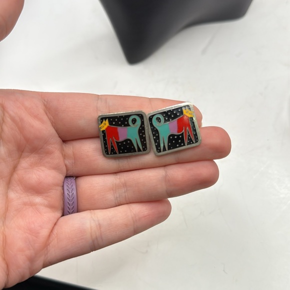 Laurel Burch Night Dog Aztec Square Stud Earrings Jewelry Collectible Cloisonne - Picture 4 of 7